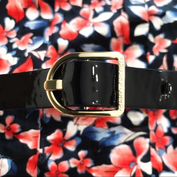 TOMMY HILFIGER NAVY CORAL FLORAL SLEEVELESS SHIRT BELTED FIT & FLARE MIDI - 10 - Picture 9 of 12